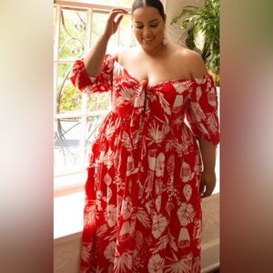 Eloquii off the shoulder red and white foral maxi dress